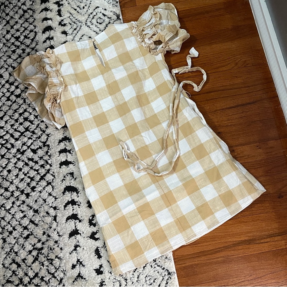Who What Wear Tan & White Plaid Tie Waist Mini Dress XS Resortcore Cottagecore - Picture 6 of 6